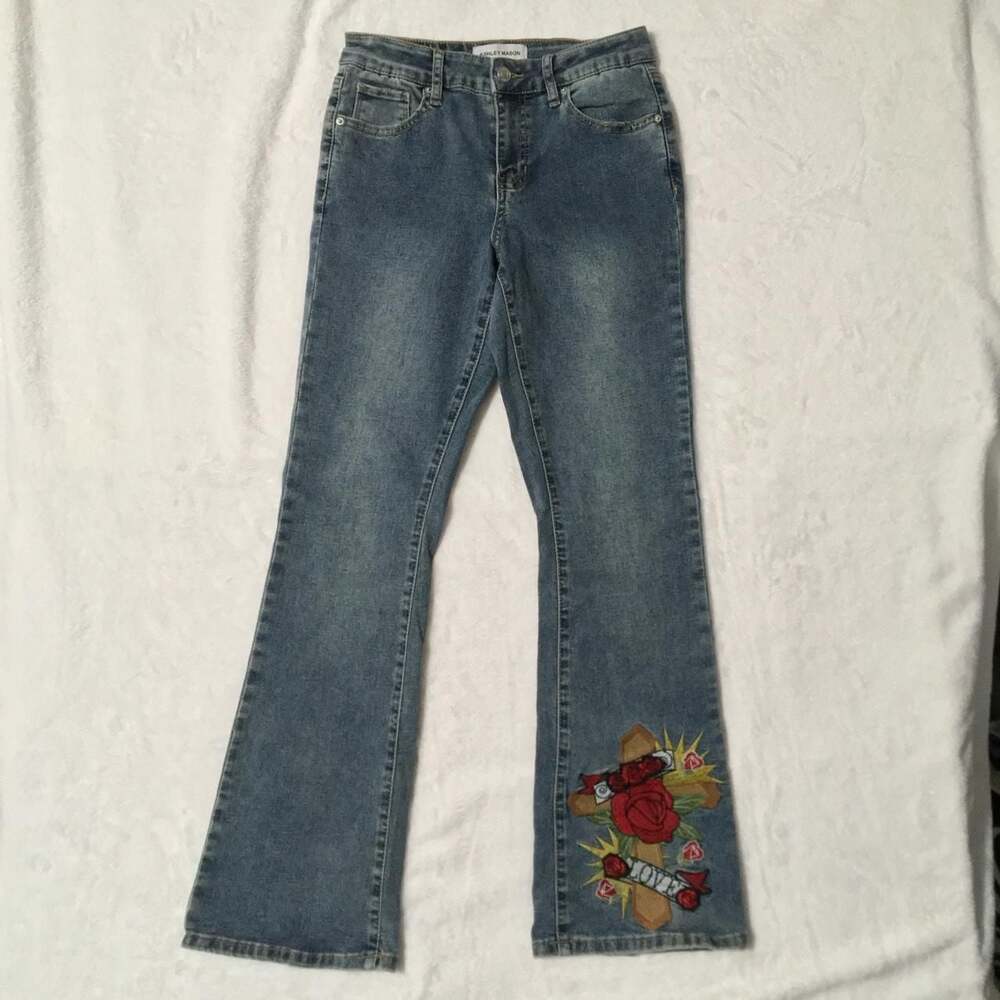 Ashley Mason Embroidered Rose and Cross Bootcut Flare Jeans